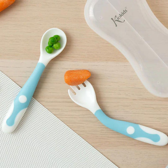 Kiokids Лъжица + Вилица от Силикон в Калъф за 6+ месеца Silicon