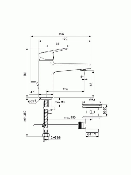 Ideal Standard Ceraplan Αναμεικτική Μπαταρία Νιπτήρα Ασημί