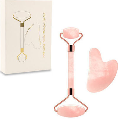 Rolă Facială Din Jad Și Instrument Gua Sha Din Cuarț Roz Set 2 Bucăți