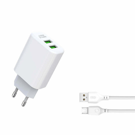 XO Φορτιστής με 2 Θύρες USB-A και Καλώδιο micro USB Λευκός (L85C)
