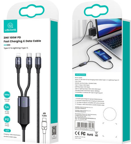 Usams US-SJ550 Braided USB-C to Lightning Cable 100W Μαύρο 1.2m (SJ550USB01)