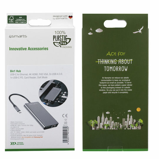 4Smarts USB-C Docking Station με HDMI 4K PD Ethernet και σύνδεση 2 Οθονών Γκρι (458723)
