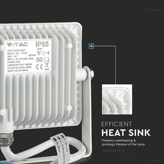 V-TAC Στεγανός Προβολέας LED 20W Θερμό Λευκό 3000K IP65