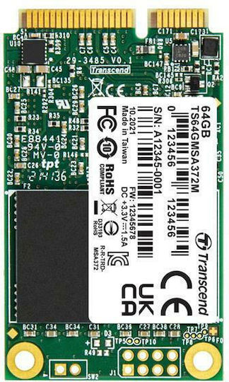 Transcend SSD 64GB Тип mSATA с Връзка PCI Express 3.0 TS64GMSA372M Насипно