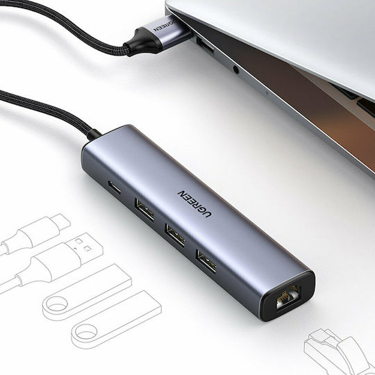 Ugreen Hub 4 Ports USB 3.0 with USB-A / Ethernet Connection Silver
