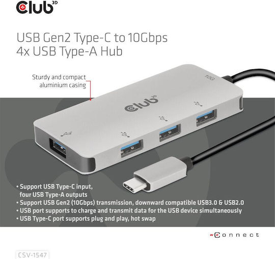 Club3D USB Hub 4 Ports USB 3.0 with USB-C Connection Silver