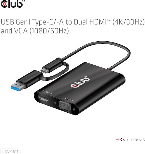 Club3D Μετατροπέας USB-A / mini DisplayPort male σε DVI-D female 1τμχ CSV-1611