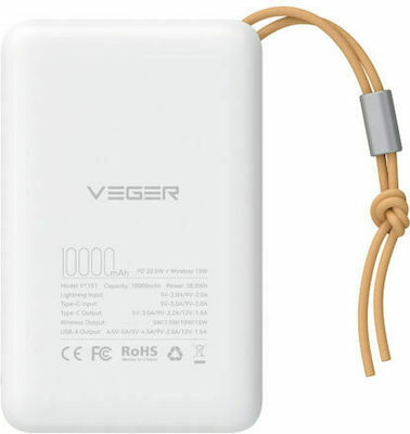 Veger MagOn Magnetic Wireless MagSafe Power Bank 10000mAh 15W με Θύρα USB-A και Θύρα USB-C Power Delivery / Quick Charge 3.0 Λευκό
