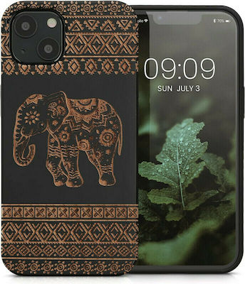 KWmobile Wood Elephant Pattern Umschlag Rückseite Hölzernes Light Brown / Black (iPhone 13) 55953.11