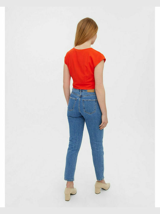 Vero Moda Damen Sommerliche Bluse Leinen Kurzärmelig mit V-Ausschnitt Orange