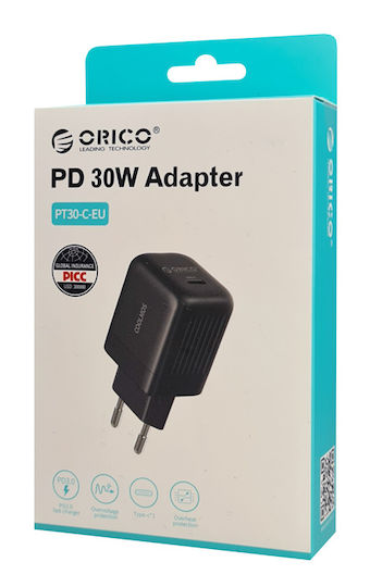 Orico Ladegerät ohne Kabel mit USB-C Anschluss 30W Stromlieferung / Schnellaufladung 2.0 / Schnellaufladung 3.0 Schwarzs (PT30-C)