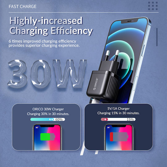 Orico Ladegerät ohne Kabel mit USB-C Anschluss 30W Stromlieferung / Schnellaufladung 2.0 / Schnellaufladung 3.0 Schwarzs (PT30-C)