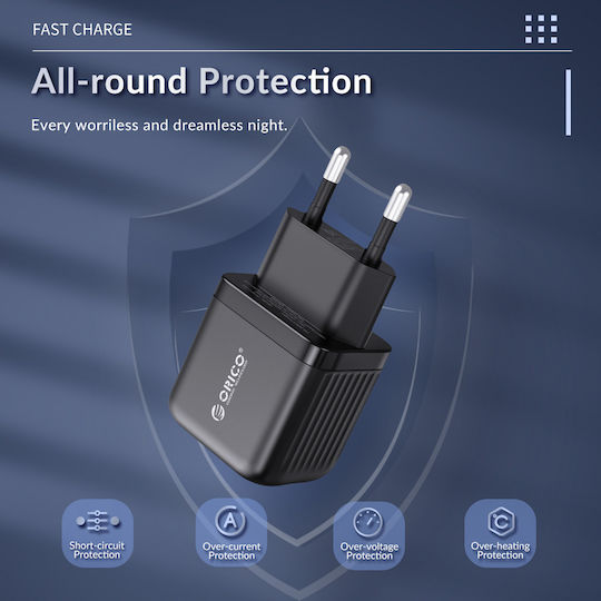 Orico Ladegerät ohne Kabel mit USB-C Anschluss 30W Stromlieferung / Schnellaufladung 2.0 / Schnellaufladung 3.0 Schwarzs (PT30-C)