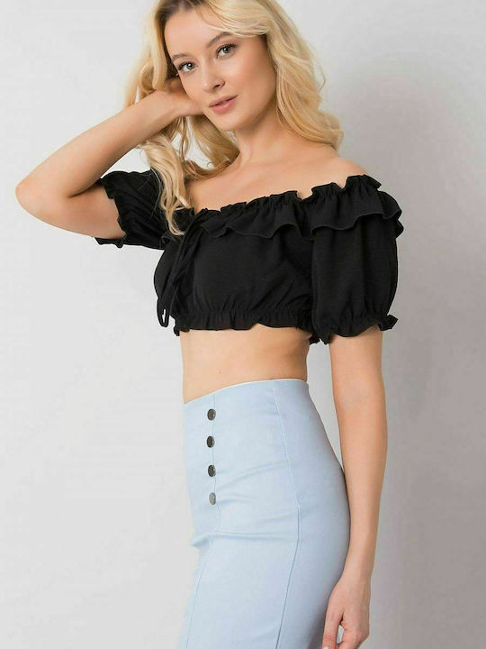 Och Bella Damen Sommer Crop Top Schulterfrei Kurzarm Schwarz