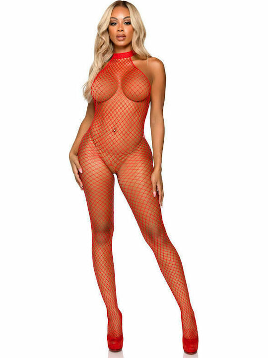 Leg Avenue Racer Sexy Bodystocking Gittermuster mit Offenem Schritt Hals Bodystocking Rot