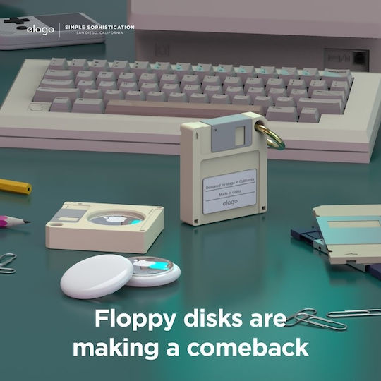 Elago Floppy Disk Disk Case Калъф за ключодържател Силикон за AirTag Classic White