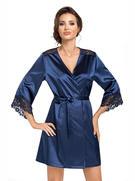 Donna Winter Women's Satin Robe Navy Blue Eva