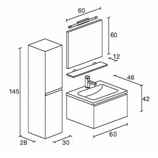 Pro Bagno Σκόπας 908Β Πάγκος με Νιπτήρα & Καθρέπτη με Φως Γυαλιστερή Λάκα Μ60xΒ46xΥ42cm Μπεζ