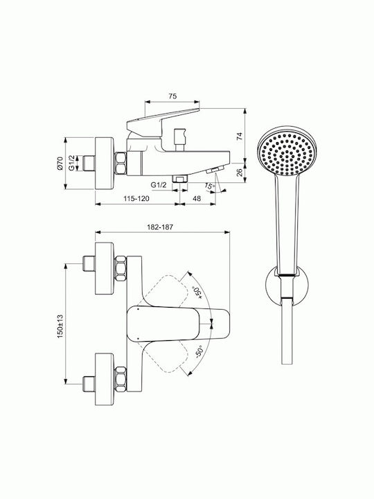 Ideal Standard Ceraplan Αναμεικτική Μπαταρία Μπανιέρας Πλήρες Σετ Ασημί
