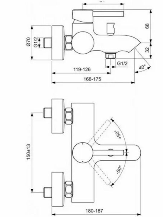 Ideal Standard Ceraline Αναμεικτική Μπαταρία Μπανιέρας Μαύρη