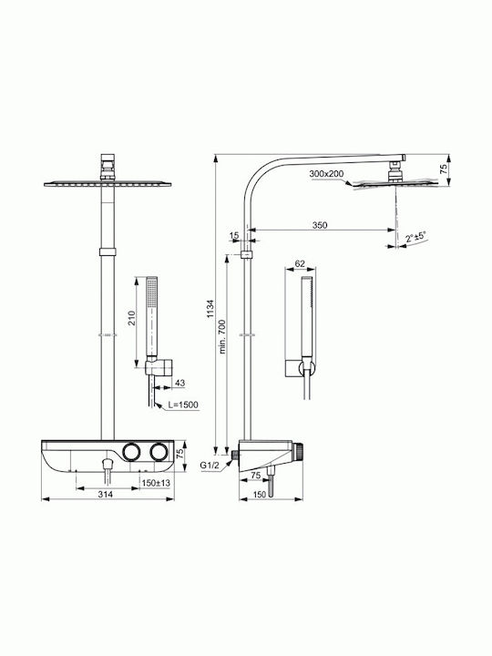 Ideal Standard Ceratherm Στήλη Ντουζ με Μπαταρία 113.4cm Ασημί