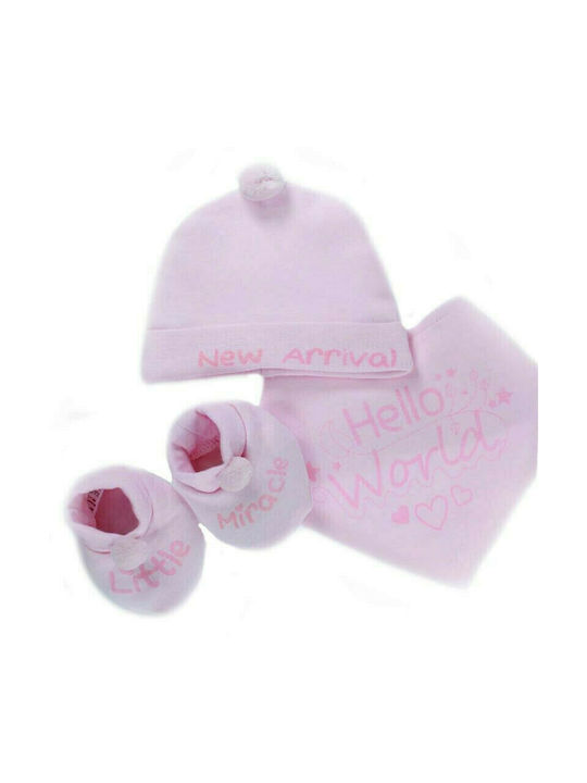 Soft Touch Βρεφικό σετ 3 τεμ. σκουφάκι, σαλιάρα κ παπουτσάκια (HBB254-P) ροζ