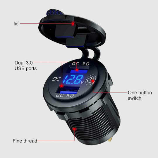 QC3 Мотоциклетно зарядно устройство Бързо зареждане с Портове: 2xUSB