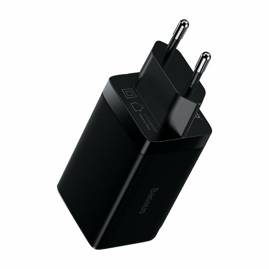 Baseus Φορτιστής GaN με Θύρα USB-A και 2 Θύρες USB-C και Καλώδιο USB-C 65W Power Delivery / Quick Charge 4.0 Μαύρος (GaN3 Pro)