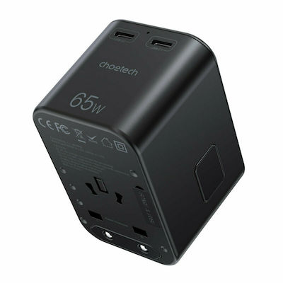 Choetech Зарядно без кабел GaN (Галуниев нитрид) с USB-A порт и 2 USB-C порта 65W Доставка на енергия Черно (PD5009)