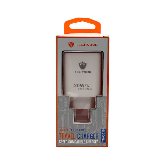Technovo Încărcător Fără Cablu cu Port USB-C 20W Livrarea energiei / Quick Charge 3.0 Albς (TN-C010)