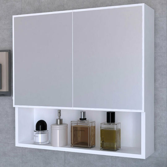 Pakketo Zante Quadratischer Badezimmerspiegel aus Spanplatte mit Regal & Schrank 70x70cm Weiß