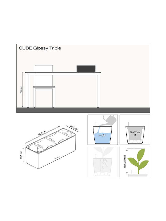 Lechuza Cube Glossy Triple Auto-udare Planter Box Plastic Negru 14x40x13.5cm.