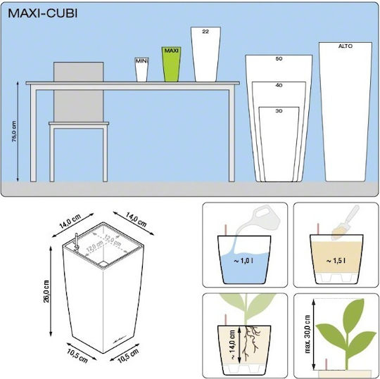 Lechuza Maxi Cubi Self-watering Pot Plastic 14x14x26cm.