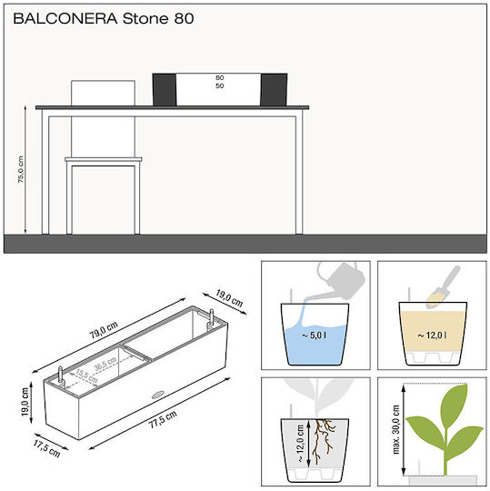 Lechuza Balconera Stone Graphite Black Self-watering Planter Box Plastic Black 79x19x19cm.