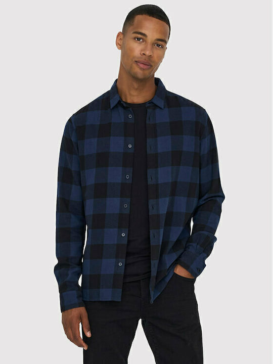 Long-sleeved Cotton Shirt Checked Dress Blues