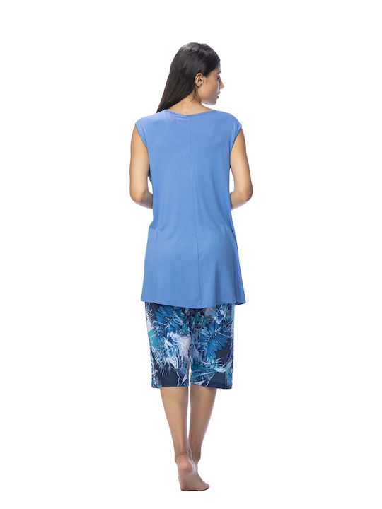 ZABOO Damen Sommer Pyjama Viskose Ärmellos mit Knopfleiste und Capri (Übergröße 1XL-3XL) - ZB1036 Blau Aqua