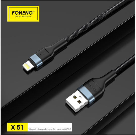 Foneng X51 Плетена USB-A към Lightning кабел Черен 2м