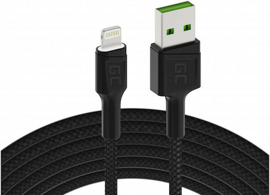 Green Cell Cell Ray USB-A Braided / LED USB-A la Cablu Lightning Negru 2m (KABGC12)
