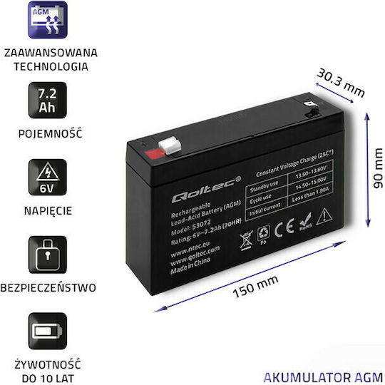 Qoltec Μπαταρία UPS με Χωρητικότητα 7.2Ah και Τάση 6V 53072