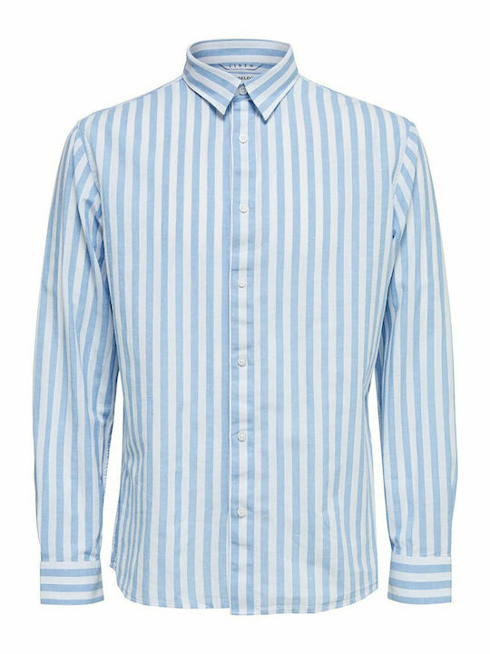 Long-sleeved Linen Shirt Striped Light Blue