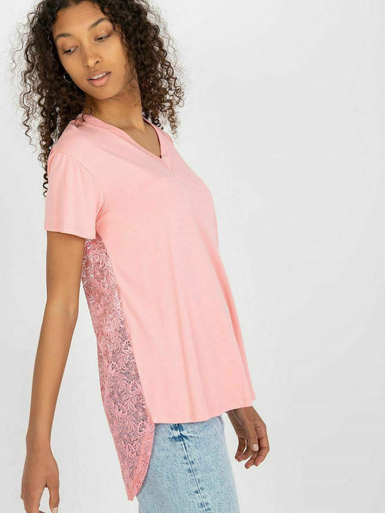 Fancy Women's Summer Blouse Short Sleeve with V Neckline Pink