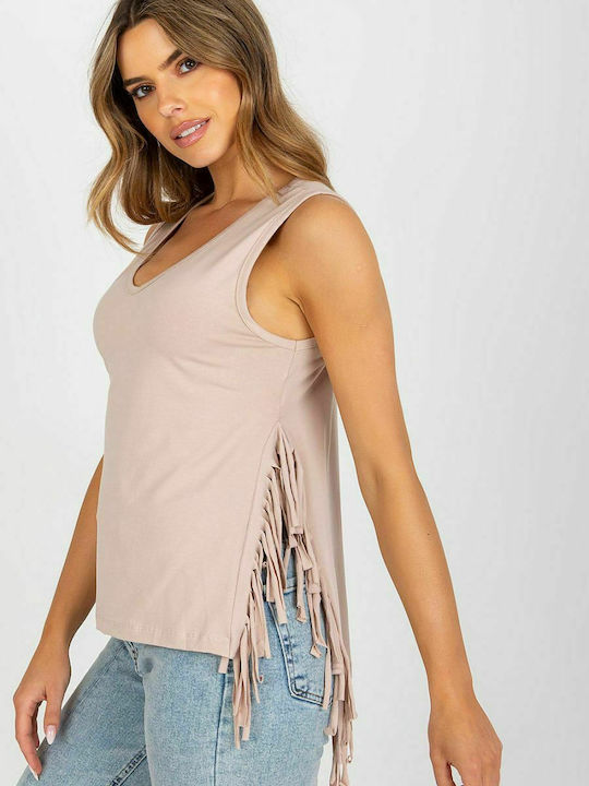 Fancy Damen Sommer Bluse Baumwolle Ärmellos mit V-Ausschnitt Beige