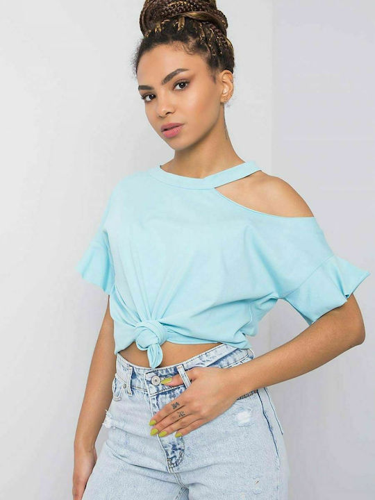 Fancy Damen Sommer Bluse Baumwolle Kurzärmelig Hellblau