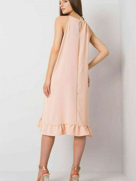 Fancy Summer Midi Dress with Ruffle Pink