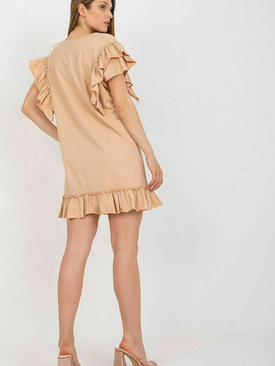 Fancy Summer Mini Dress with Ruffle Beige