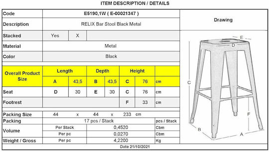 Stool for Bar Outdoor Relix Black 43x43x76cm