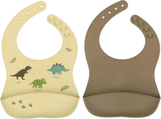 A Little Lovely Company Dinosaurs Αδιάβροχη Σαλιάρα Σιλικόνης με Κουμπί & Τσέπη Καφέ 2τμχ