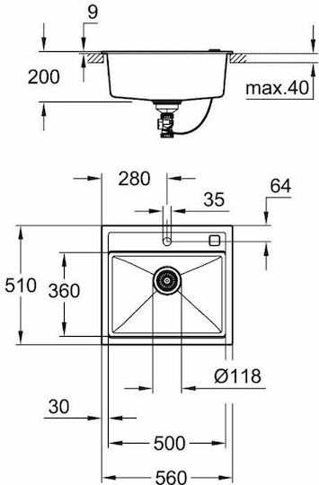 Grohe K 700 Ένθετος Νεροχύτης από Συνθετικό Γρανίτη Μ56xΠ51cm Granite Black