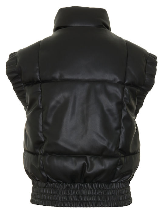 Women's Short Puffer Artificial Leather Jacket for Winter Black