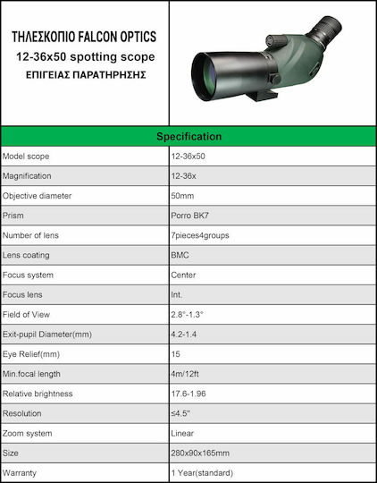 Falcon Μονοκυάλι Παρατήρησης Optics Spotting Scope